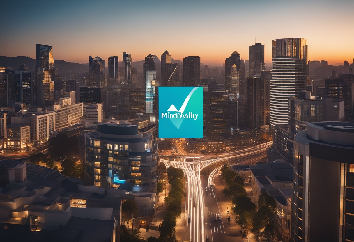 A vibrant cityscape with the Mindvalley logo prominently displayed on a bustling street corner, surrounded by modern buildings and a sense of energy and innovation