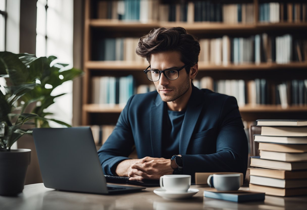 A person using the Mindvalley Superbrain program, surrounded by books, a laptop, and a cup of coffee, with a focused and determined expression