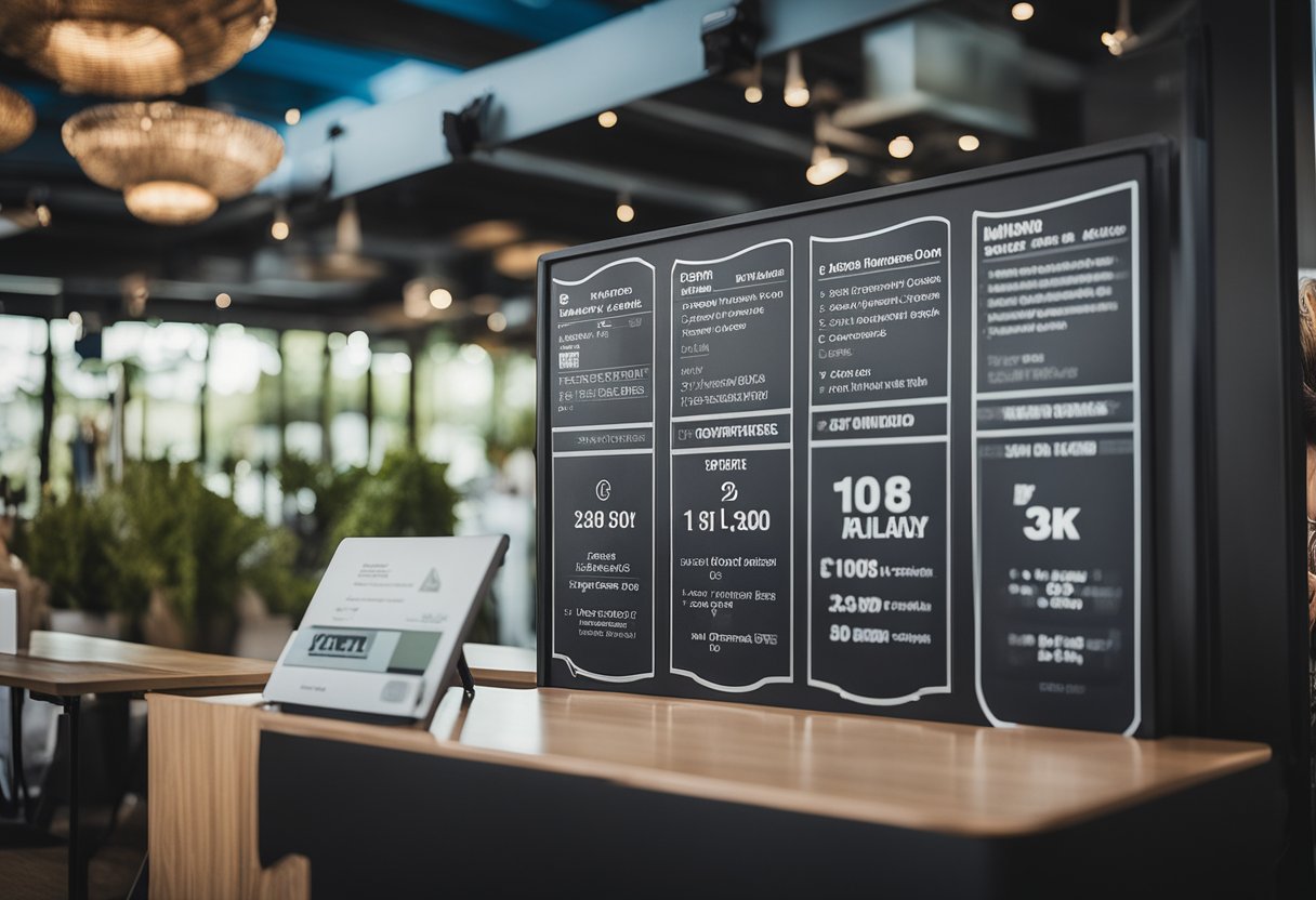 A table displaying pricing options, a wheelchair ramp for accessibility, and a sign advertising additional offerings at Mindvalley's Superbrain event