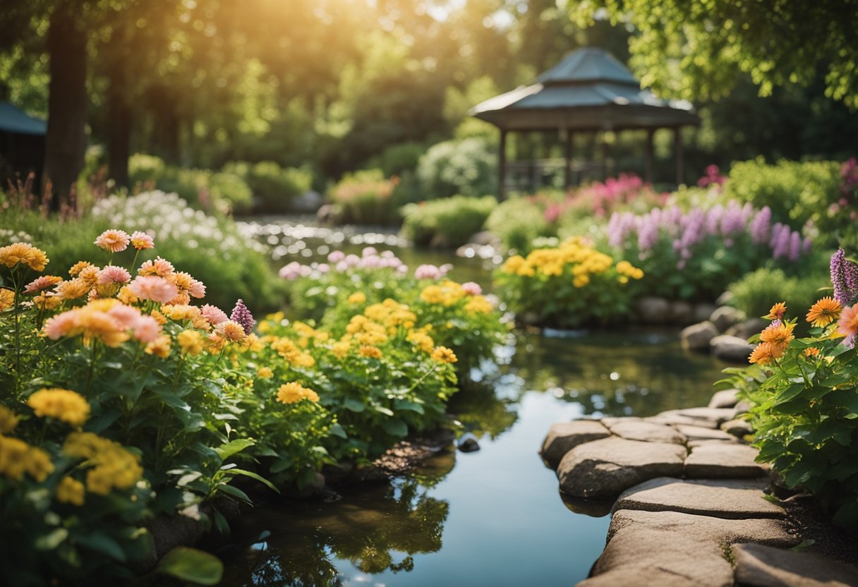 A serene garden with a flowing stream, vibrant flowers, and a peaceful atmosphere. A gentle breeze rustles the leaves as birds sing in the distance