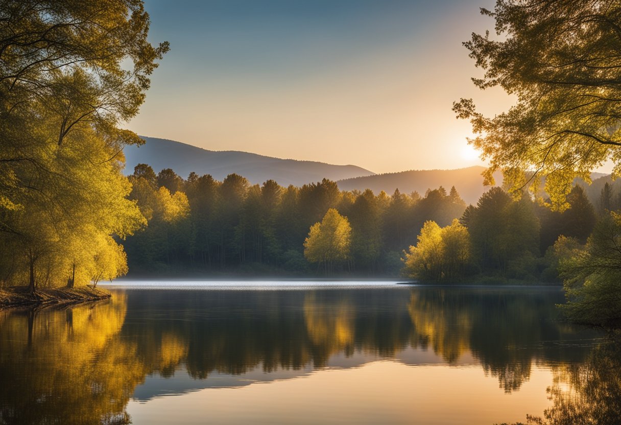 A serene landscape with a tranquil lake reflecting the vibrant colors of the surrounding nature. The sun is setting, casting a warm glow over the scene, creating a sense of peace and contentment
