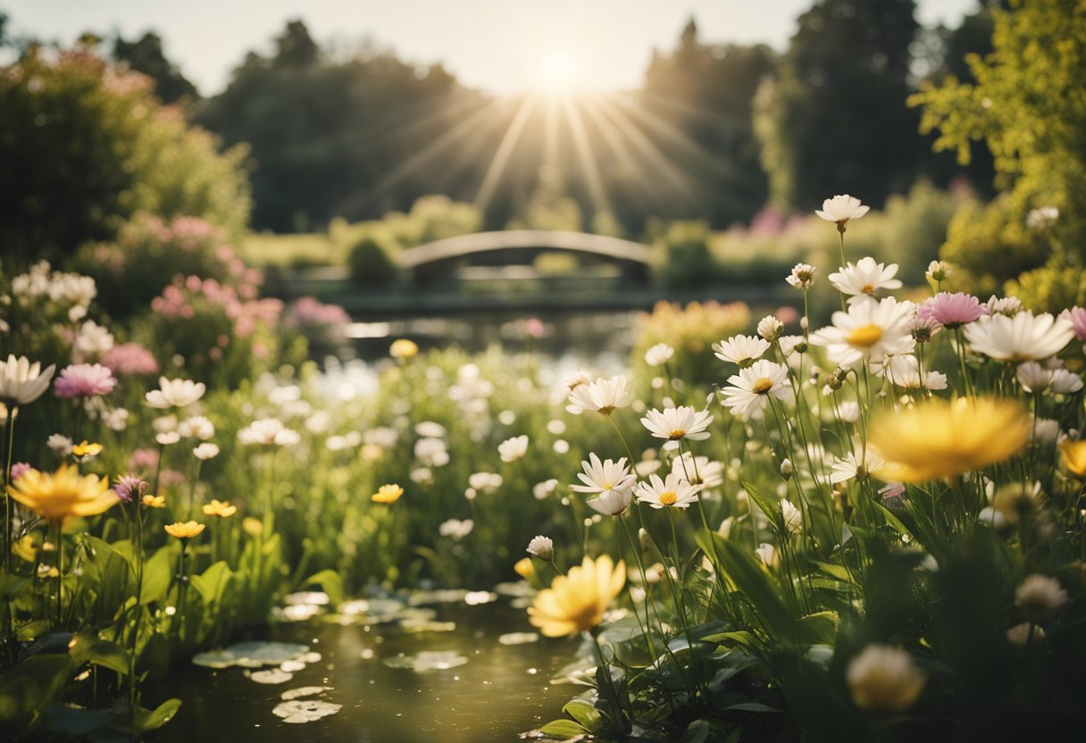 A serene, sunlit garden with blooming flowers and a peaceful pond, surrounded by people smiling and interacting with each other in a joyful and harmonious atmosphere