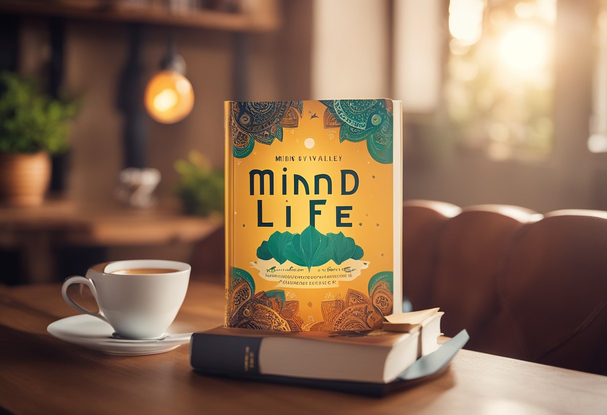 A colorful book with "Mindvalley Life" on the cover sits on a wooden table next to a cozy armchair and a cup of tea. A warm light shines from above, creating a peaceful and inviting atmosphere