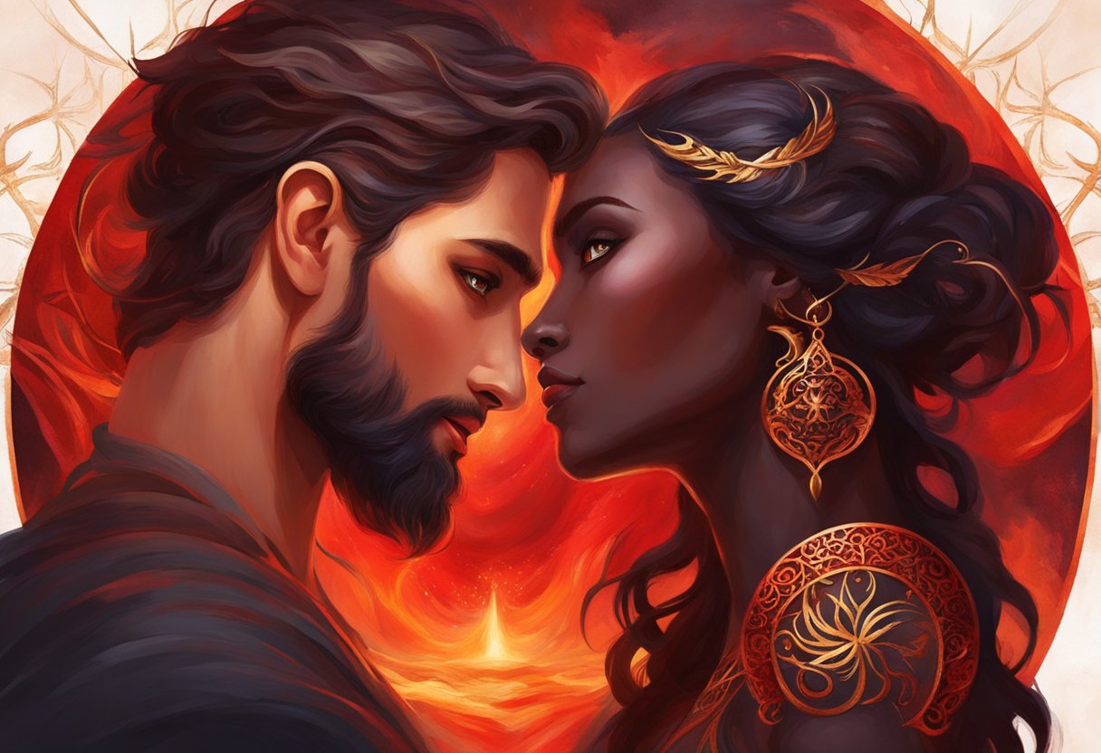 An Aries woman and Scorpio man lock eyes with intensity, surrounded by fiery red and deep black hues, symbolizing their passionate and magnetic connection