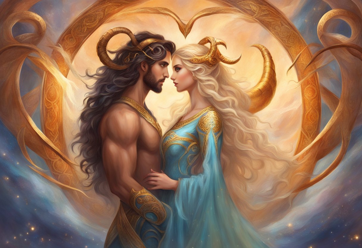 An Aries woman and Scorpio man stand facing each other, locked in intense eye contact, exuding a powerful and magnetic energy