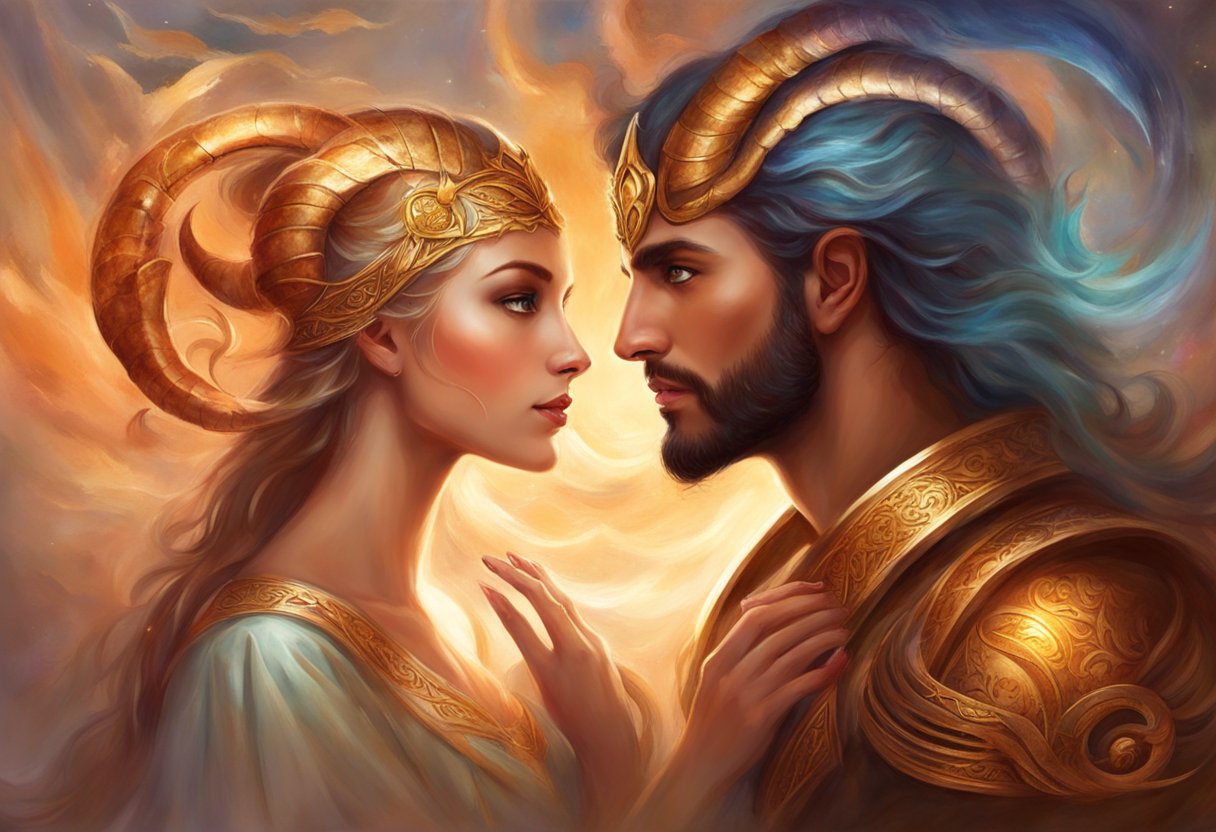An Aries woman and Scorpio man engage in intense conversation, their eyes locked with passion and determination