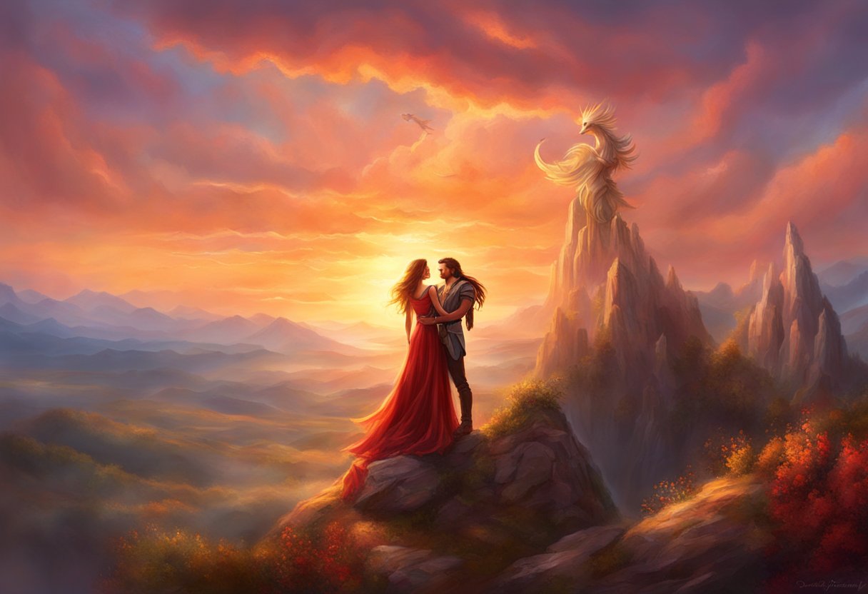 An Aries woman and Scorpio man stand on a mountain peak, arms raised in triumph. The sun sets behind them, casting a warm glow over the landscape