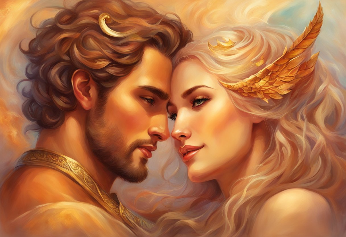 An Aries woman and Scorpio man sit close, sharing intimate conversation and laughter. Their body language exudes warmth and connection, creating a sense of harmony and togetherness