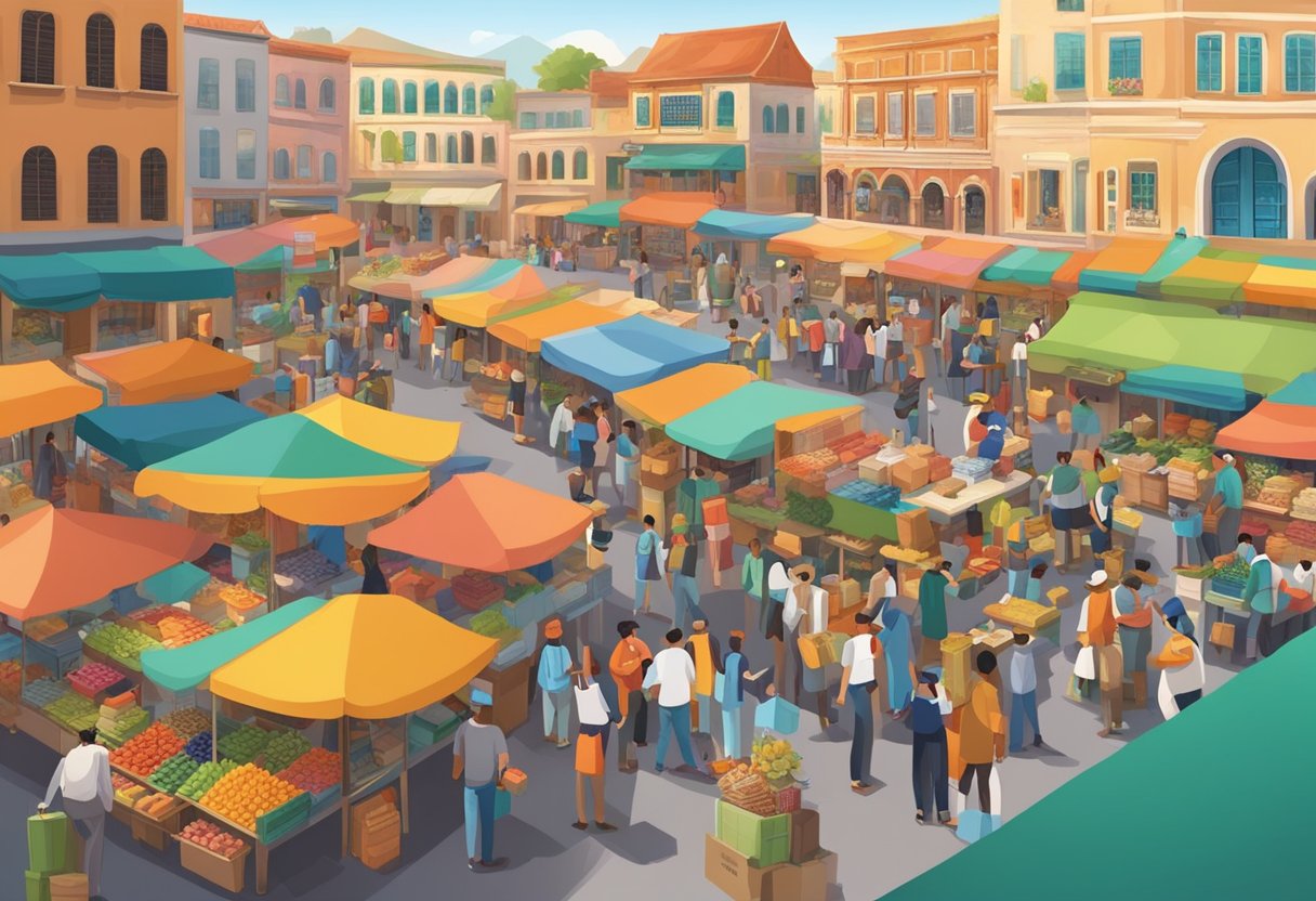 A bustling marketplace with diverse vendors showcasing products. Customers browse through a variety of goods, while sellers engage in lively negotiations. The atmosphere is vibrant and filled with energy