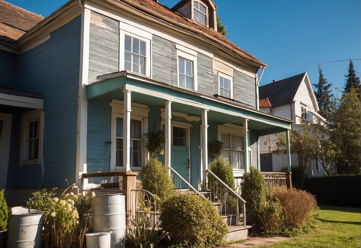 A sunny day, a house with peeling paint, a ladder and paint cans nearby. It's time to renew the exterior paintwork