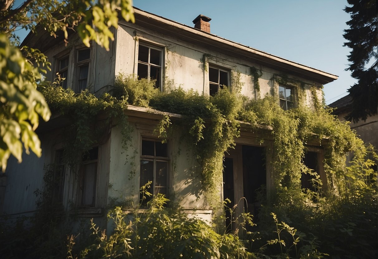 A house with peeling paint on the exterior walls, surrounded by overgrown plants. The sunlight highlights the need for timely renewal of the exterior paint