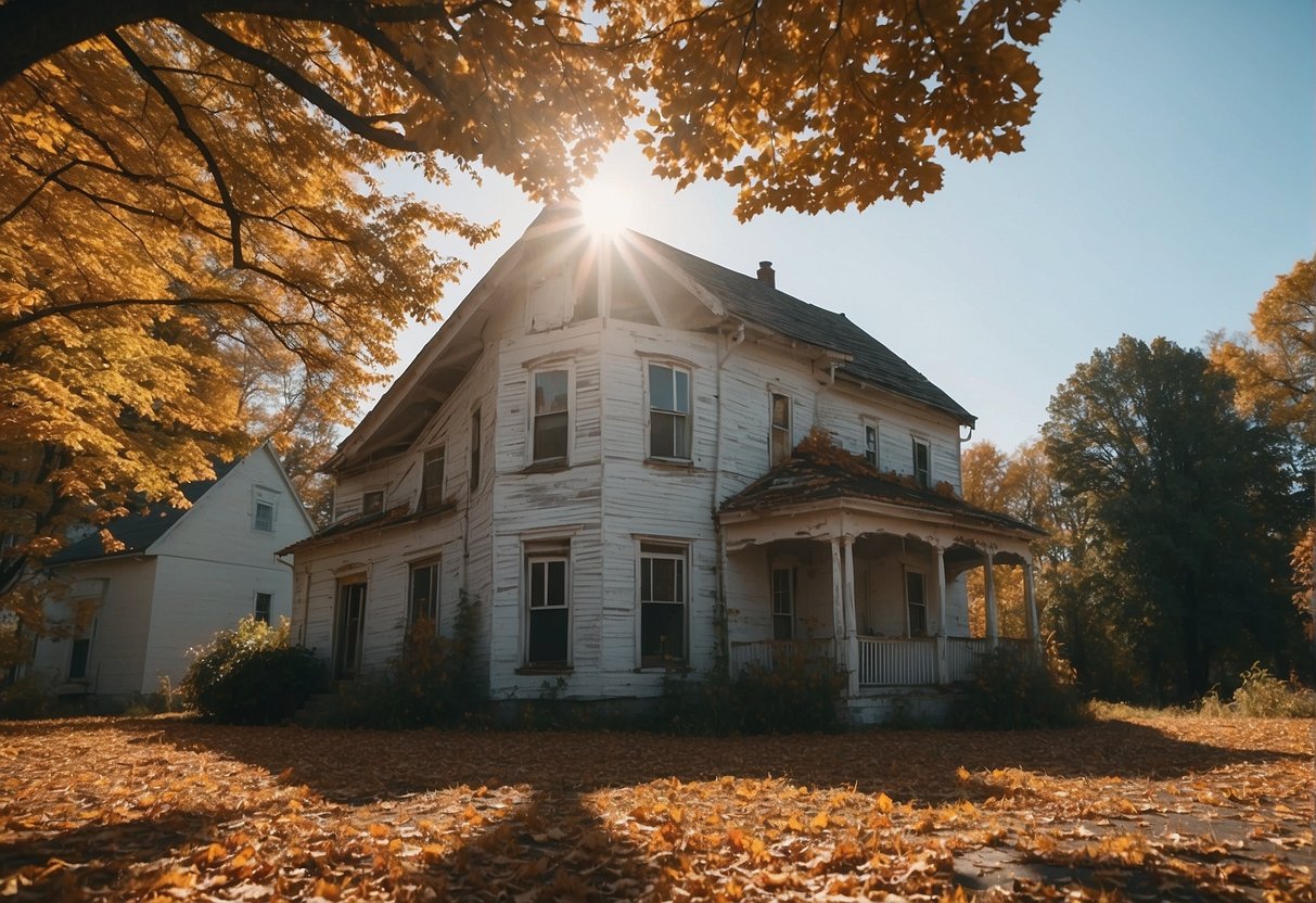 Bright sun and clear skies highlight a house with peeling paint. Wind carries fallen leaves past the neglected exterior