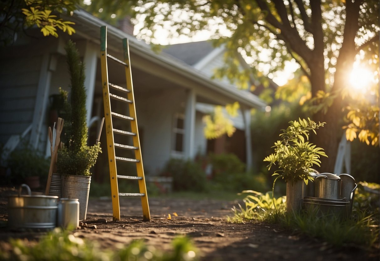 A ladder leaning against a house, paint cans and brushes scattered on the ground. The sun shines brightly as the wind blows through the trees