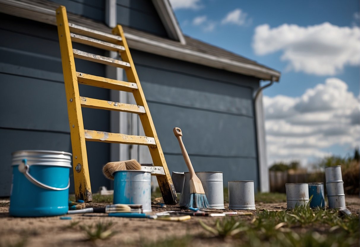 A ladder leaning against a house, paint cans and brushes scattered on the ground, a cloudy sky indicating the need for a fresh coat of paint on the exterior