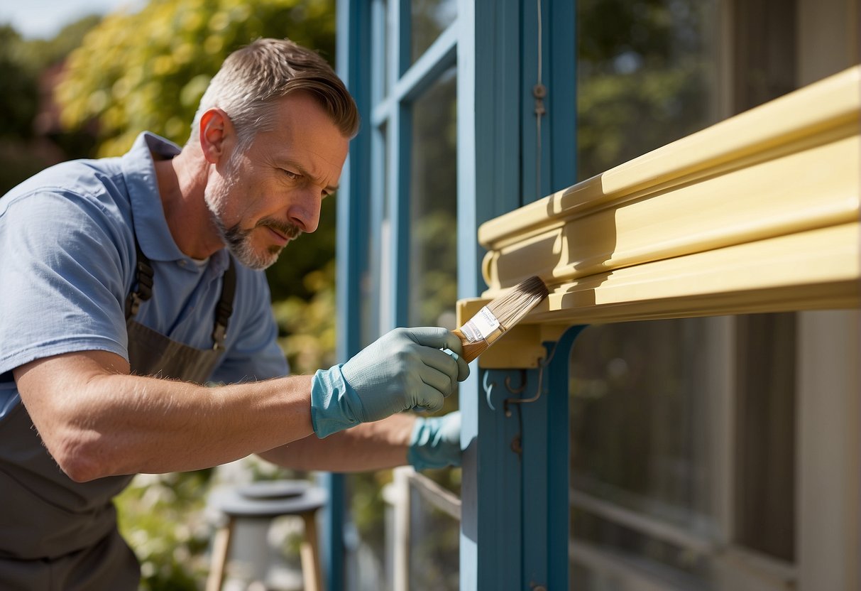 A professional painter renewing exterior paintwork on a sunny day, carefully applying fresh coats to enhance and protect the building's appearance