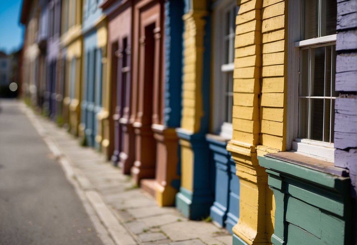 A sunny street with a row of houses, some with peeling paint. Signs display legal and local regulations for exterior painting