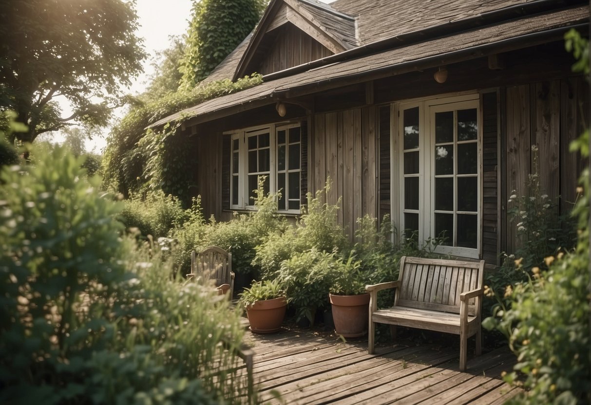 A sunny day with a house exterior in need of repainting. Faded, chipped paint on wooden surfaces. Overgrown plants and weathered outdoor furniture