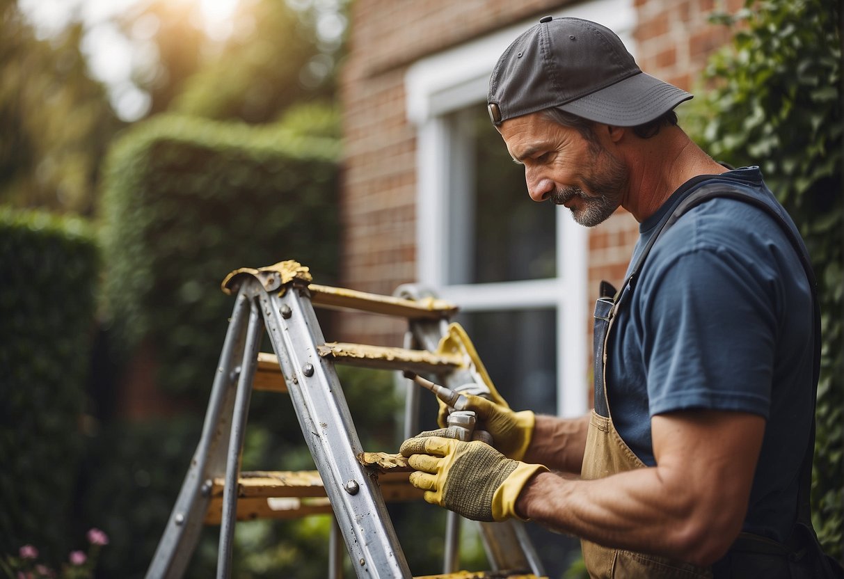 A painter repairing and replacing exterior paintwork due to wear and tear. The scene depicts a ladder against a house, with paint cans and brushes nearby