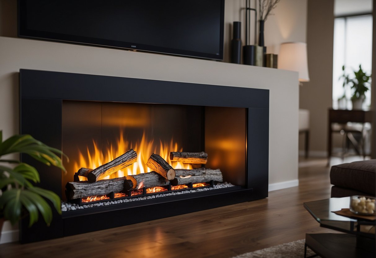 An electric fireplace insert is being placed into an existing fireplace