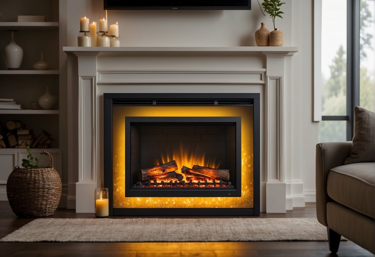 An electric fireplace insert fits snugly inside an existing fireplace, with realistic flames and glowing embers. Surrounding accessories include decorative logs and a remote control for easy operation