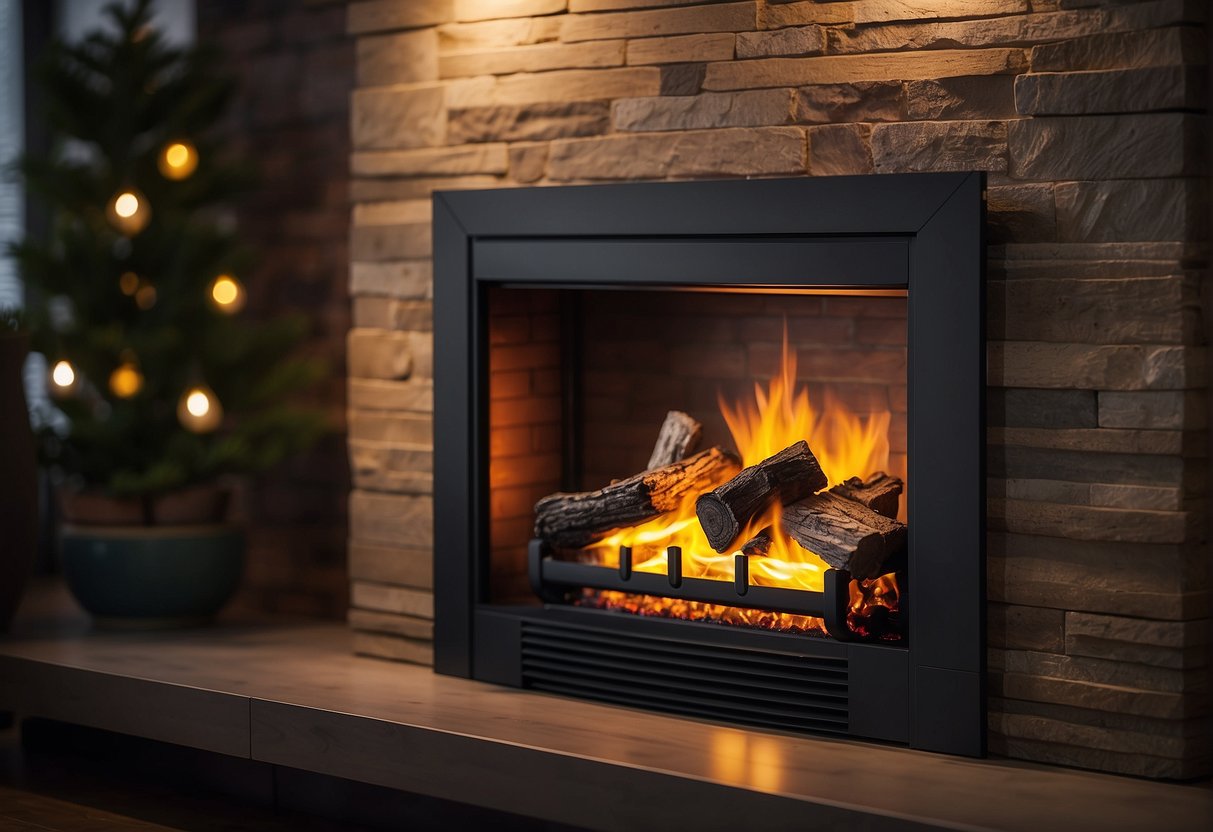 An electric fireplace insert is being carefully placed into an existing fireplace, ensuring that it meets safety and regulation standards