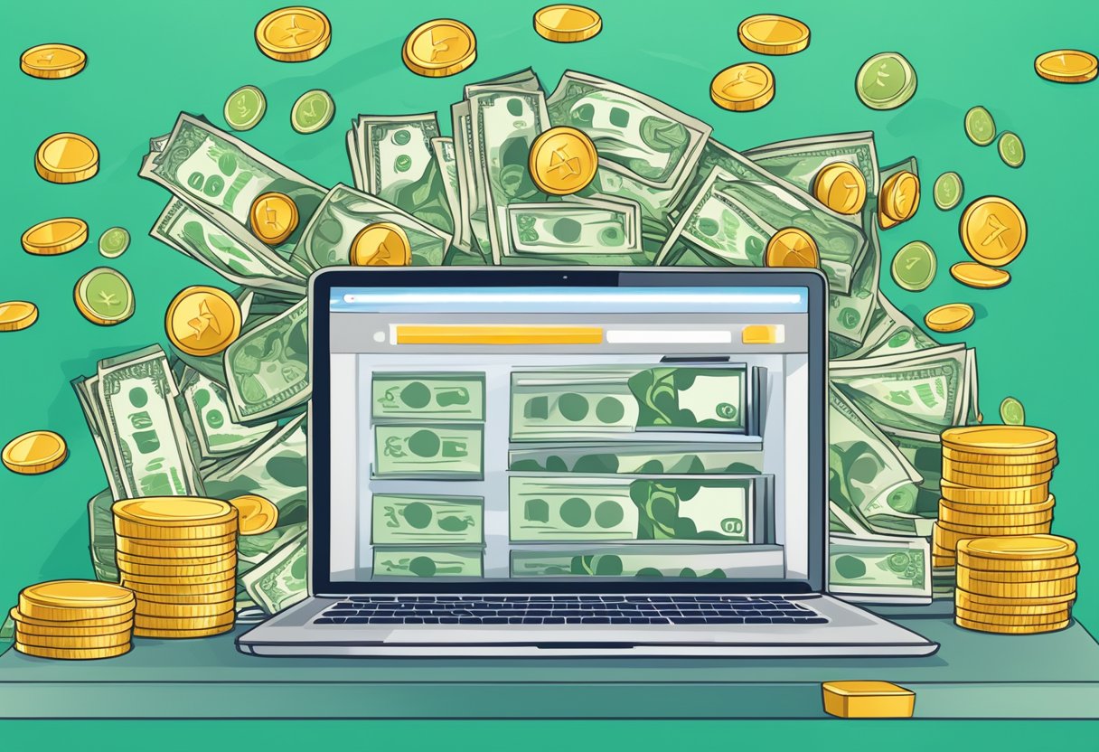 A laptop displaying the Wealthy Affiliate website, surrounded by stacks of money and a trophy symbolizing success