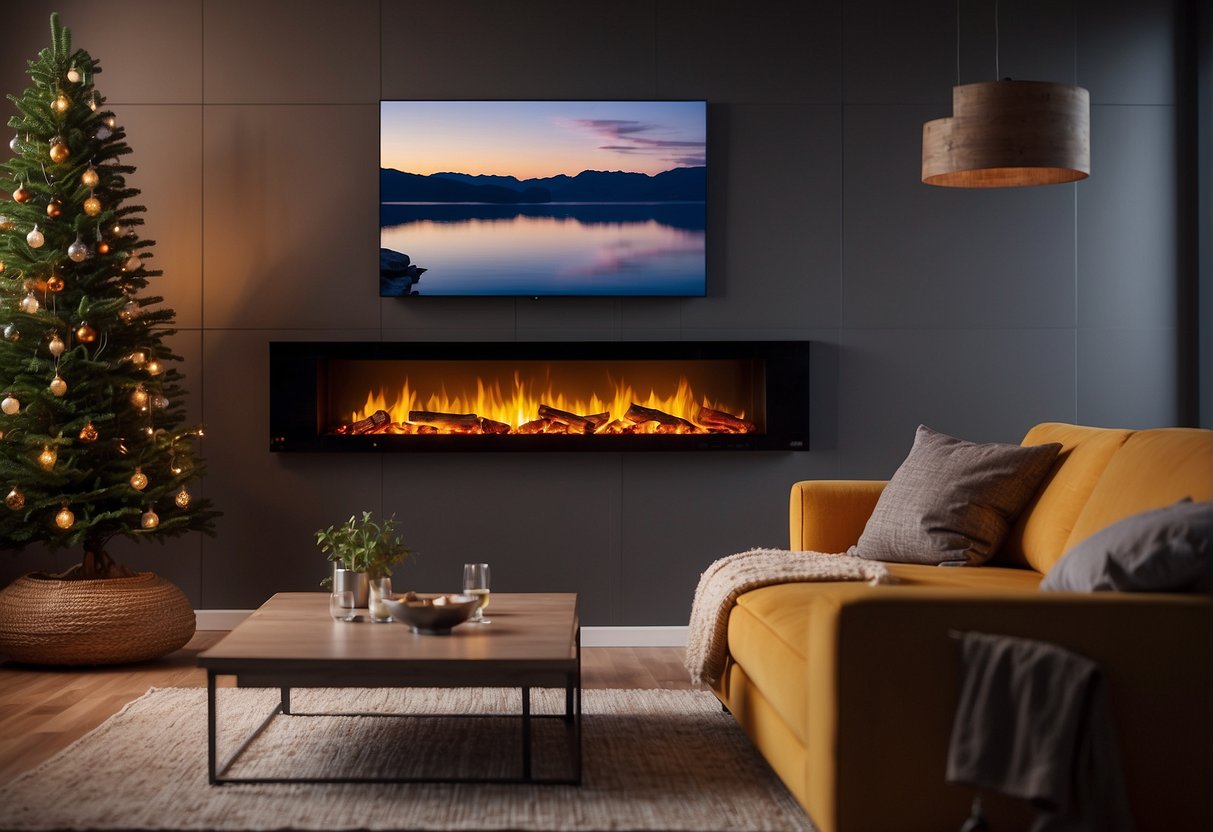 An electric fireplace insert radiates warmth, filling the room with a cozy glow