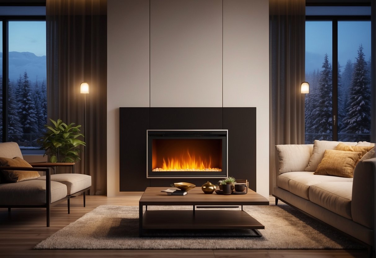 An electric fireplace insert radiates warmth, filling the room with a cozy glow and effectively heating the space