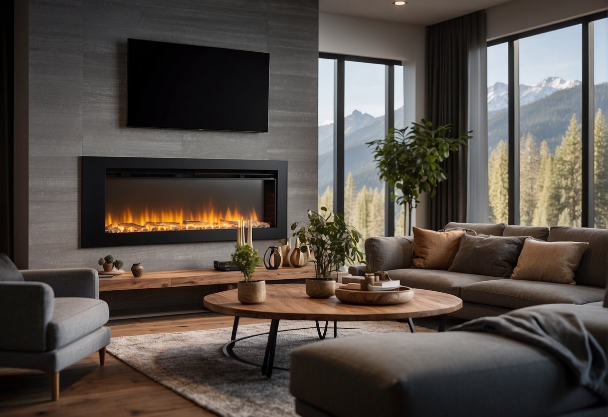 An electric fireplace insert hums softly, radiating warmth into a cozy living room. A digital display shows energy usage and operational costs