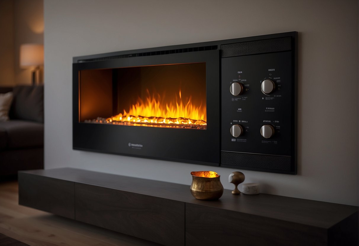 A hand adjusts the control features on an electric fireplace insert, as heat radiates and warms the room