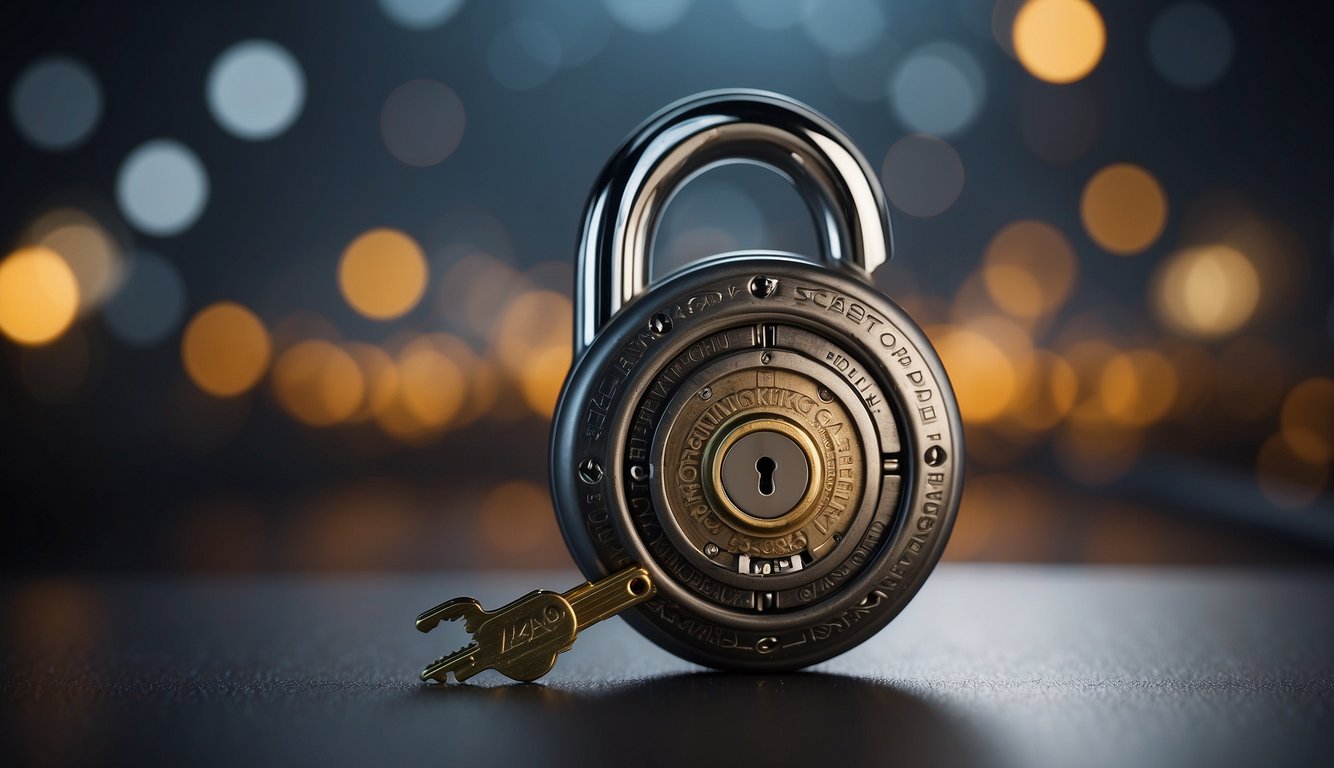 A padlock with a complex password, surrounded by a shield and key, symbolizing enhanced account security beyond passwords
