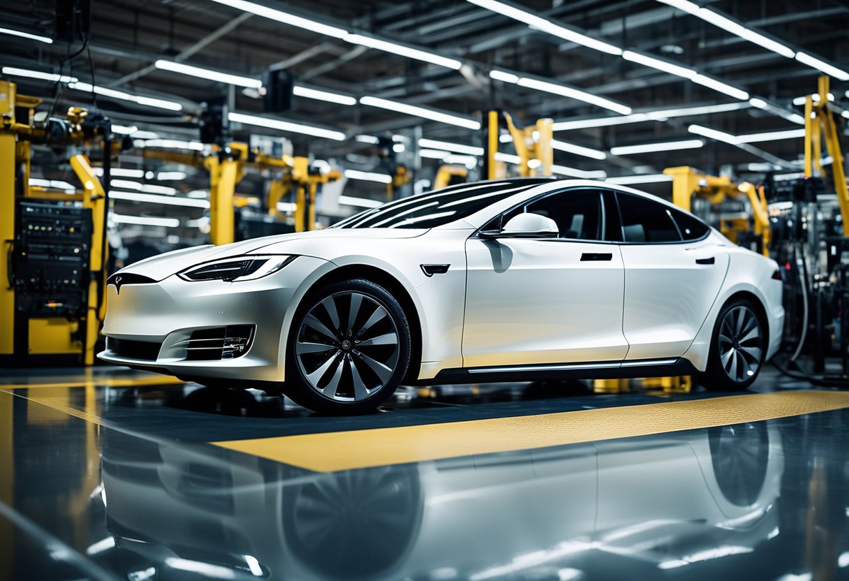 A Tesla Model S is surrounded by high-tech equipment and flashing lights as technicians modify its electric components for increased power and performance