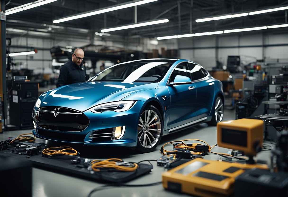 An electric vehicle tuner modifies a Model S on a platform, unlocking insane power with tools and equipment scattered around