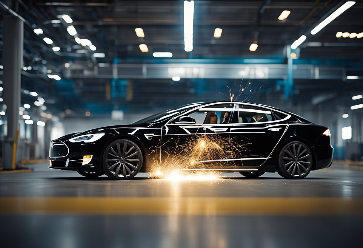 A Tesla Model S with modified parts and cables, emitting powerful electric sparks, surrounded by safety signs and reliability indicators