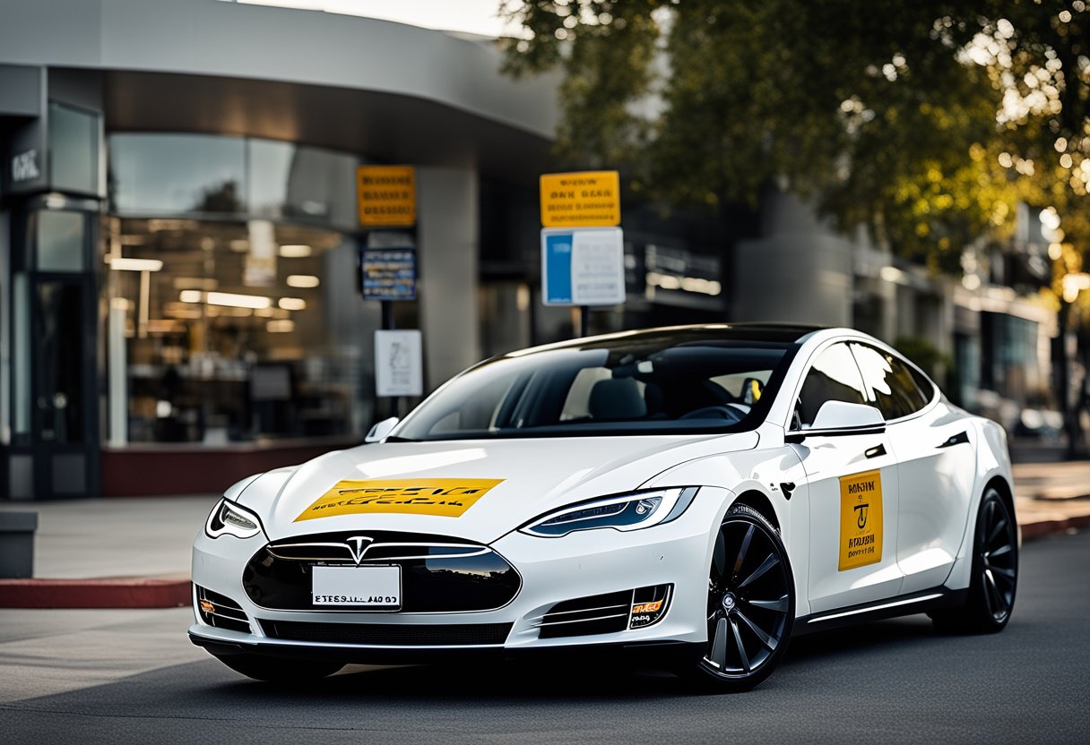 A Tesla Model S with exaggerated modifications, emitting electric sparks, surrounded by caution signs and warranty disclaimers