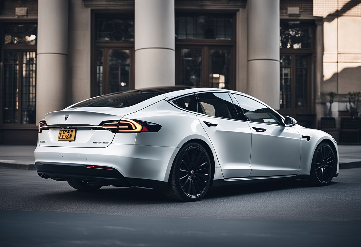 A Tesla Model S sits next to a traditional ICE car, showcasing its powerful EV tuning mods. The electric vehicle exudes speed and performance, with sleek lines and advanced technology