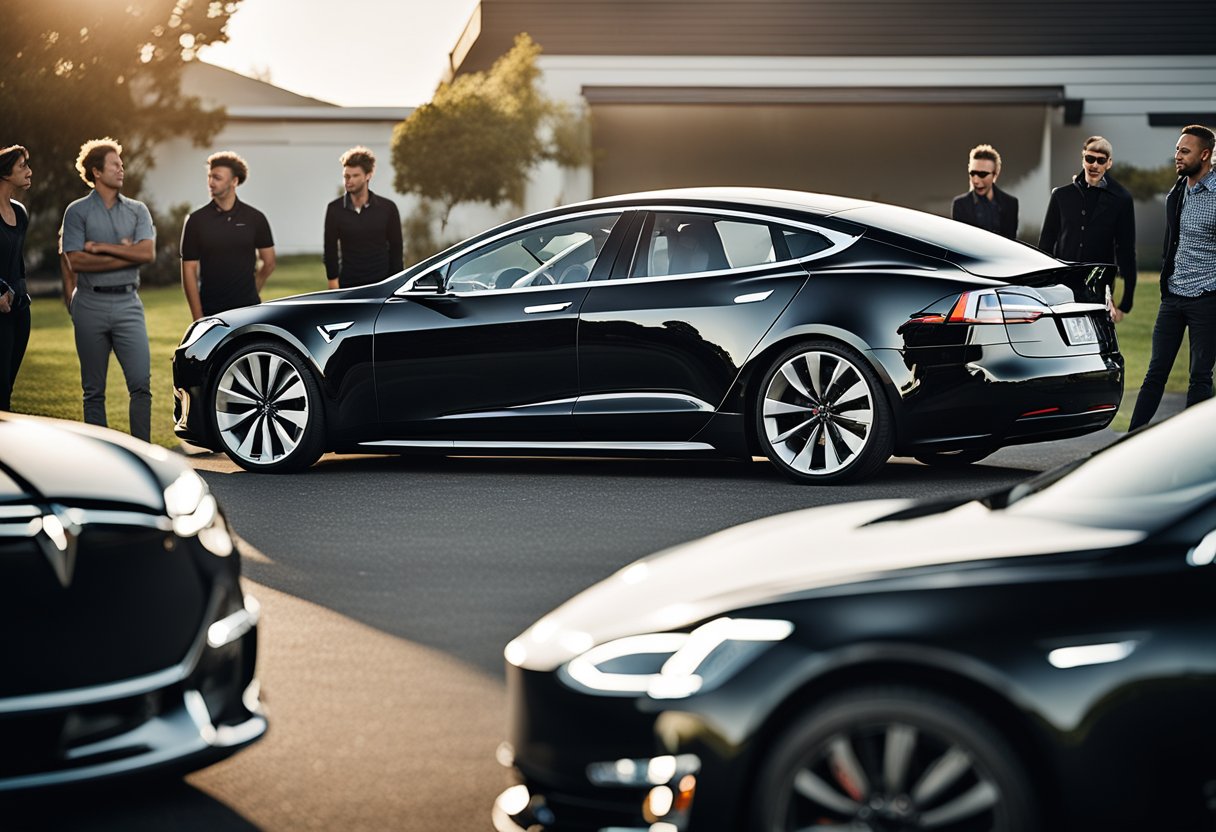 A group of EV modders gather around a Tesla Model S, showcasing their custom modifications and discussing the innovative methods they use to unlock extreme power from the electric vehicle