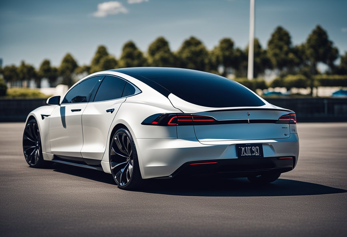 A sleek electric vehicle with futuristic modifications, emitting a powerful aura. The Model S is adorned with cutting-edge enhancements, showcasing the innovative world of EV tuning