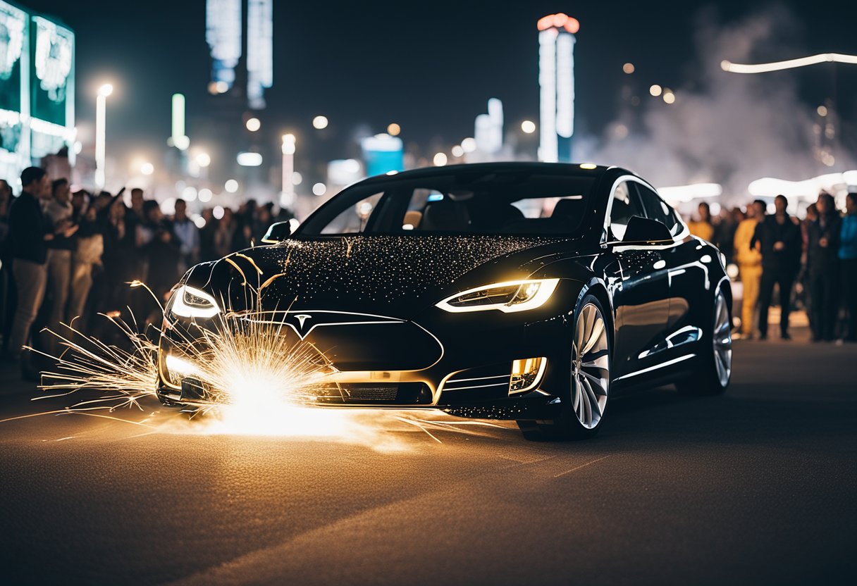 A Tesla Model S with exaggerated modifications, emitting electric sparks, surrounded by astonished onlookers