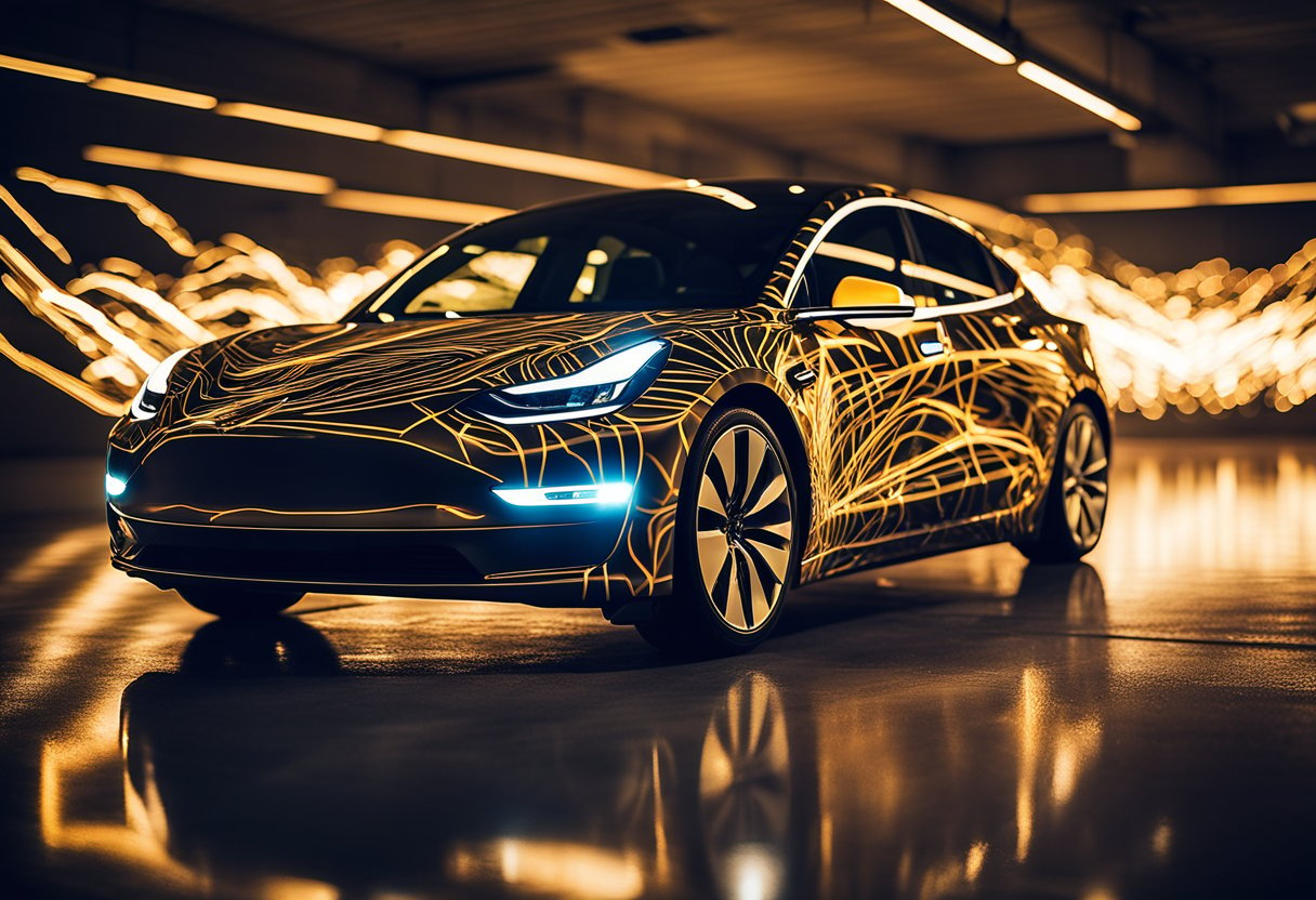 Vibrant sparks of electricity dance across the sleek surface of a Model 3, illuminating the intricate designs of custom vinyl wraps. The dynamic energy creates a mesmerizing spectacle of artistry and innovation