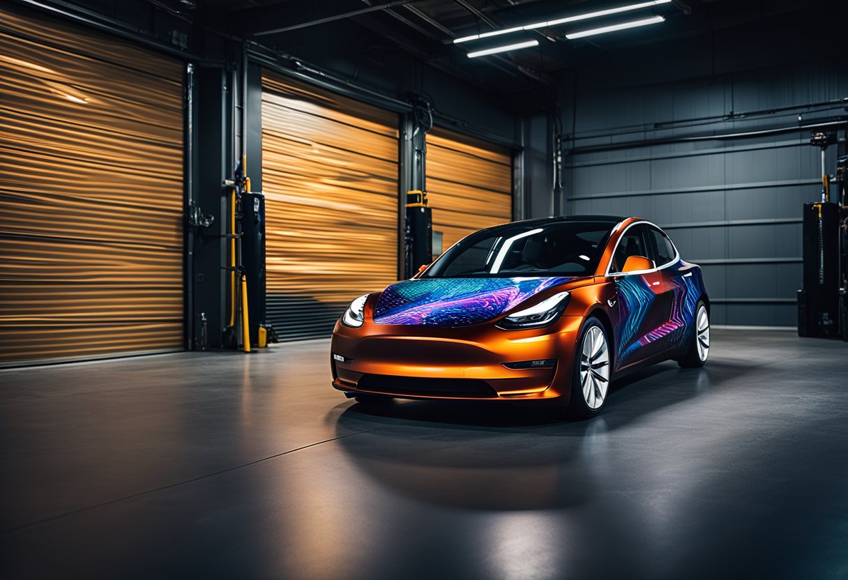 A Tesla Model 3 sits in a dimly lit garage, surrounded by a variety of custom vinyl wraps and electrically charged paint. The car's sleek lines and futuristic design are accentuated by the vibrant colors and intricate patterns of the customization options