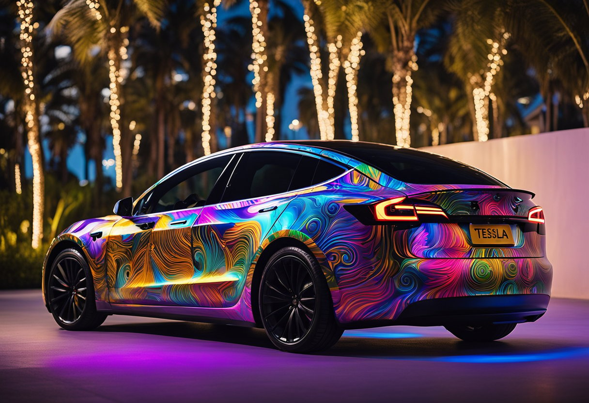 A Model 3 Tesla car covered in custom vinyl wraps, with vibrant colors and intricate designs, illuminated by electric currents flowing through the vinyl