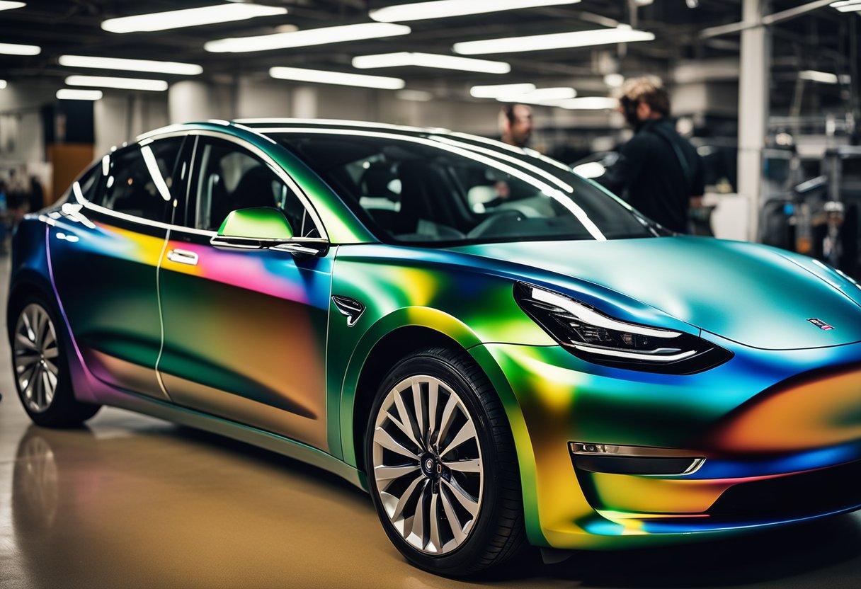 A Model 3 car being wrapped with custom vinyls, with electricity used for painting. Bright colors and intricate designs on display