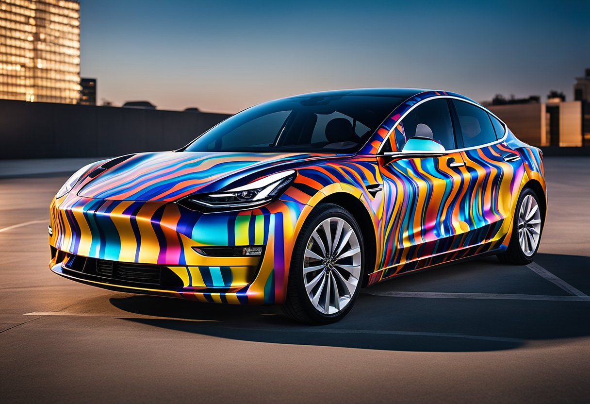 Vibrant colors and intricate patterns come to life on the sleek surface of a Model 3 car wrap, showcasing the artistry of custom vinyl designs. Electric currents dance across the vehicle, creating a stunning display of painted electricity