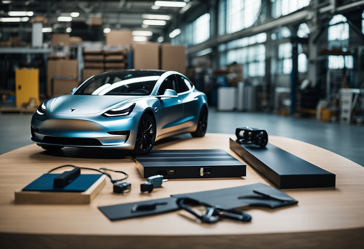 A table holds vinyl wrapping materials and tools. A Tesla Model 3 sits nearby, ready for custom vinyl work. Electricity crackles in the air