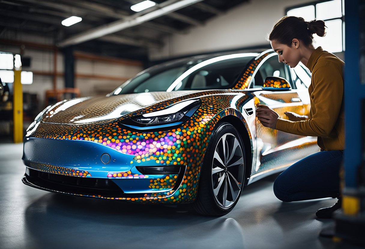 A Model 3 car sits in a well-lit garage. A skilled technician applies a custom vinyl wrap using precision tools and electricity. The vibrant colors and intricate patterns come to life on the sleek surface of the car