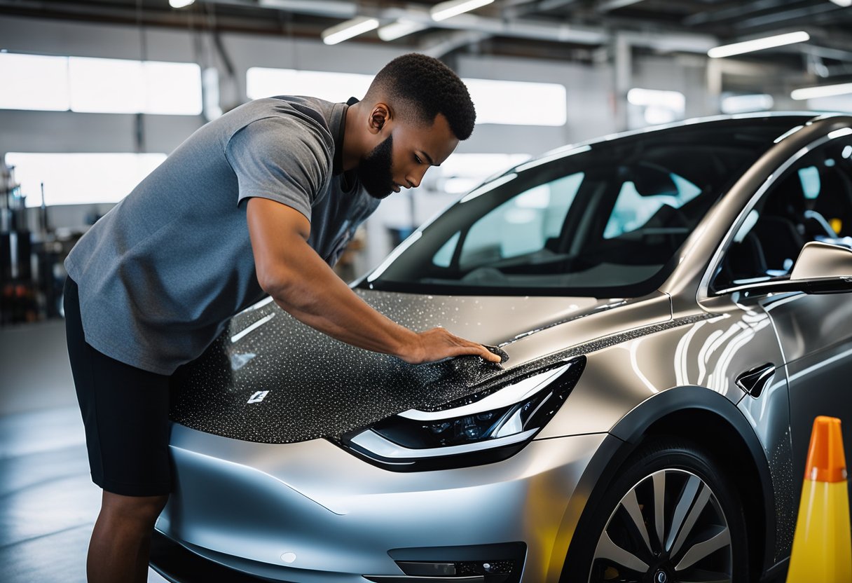 A Model 3 car is being carefully cleaned and maintained, with a focus on the custom vinyl wrap. Electricity is used to paint and create intricate designs on the car's surface