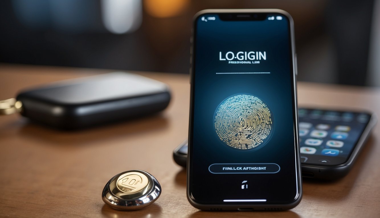 A smartphone displaying a login screen with a password and a fingerprint icon, surrounded by a shield symbolizing security. A key fob or authentication app is shown nearby, representing the two factors of authentication