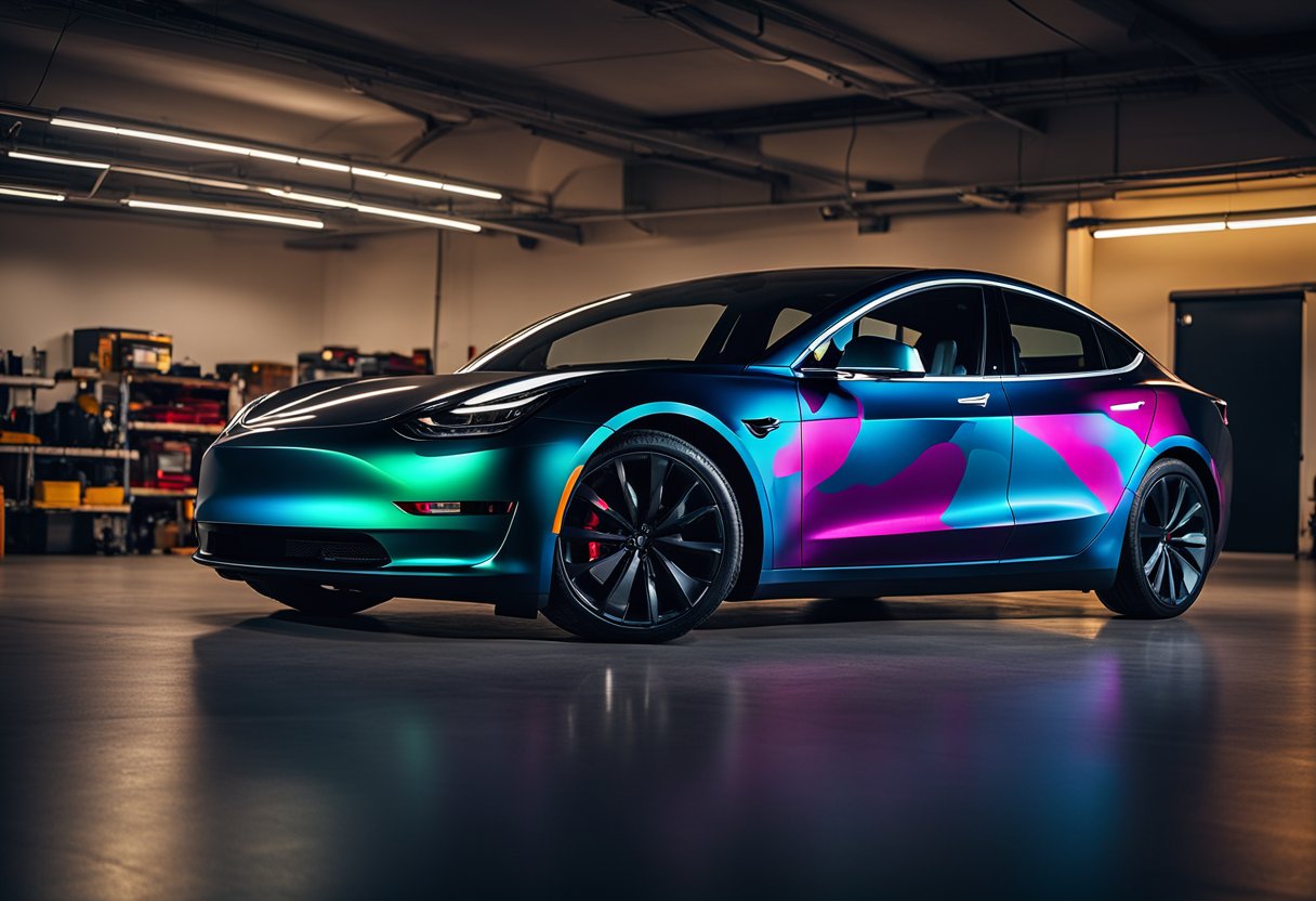 A Tesla Model 3 sits in a dimly lit garage, its sleek exterior adorned with a vibrant custom wrap and vinyl design. The electric car's surface seems to come alive with swirling patterns and bold colors, showcasing the innovative artistry of the wraps