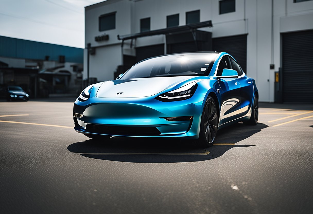 A Tesla Model 3 is being wrapped in custom vinyl, with electricity illuminating the process. The vibrant colors and intricate designs showcase the artistry of vinyl wrapping